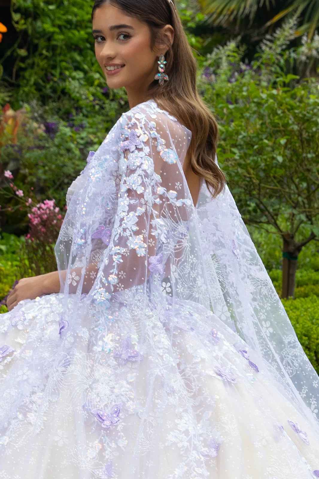 Floral Glitter Pattern 3-D Butterfly Applique Mesh Quinceanera Dress w/ Detachable Mesh Cape