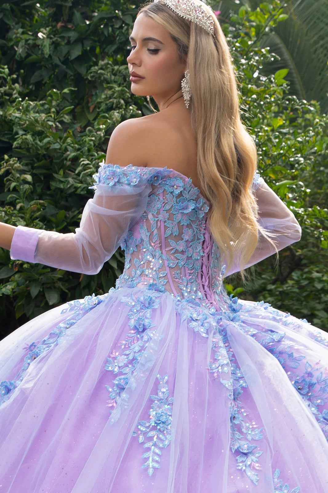 3D Floral Applique Embellished Cut-Away Shoulder Quinceanera Dress w/ Long Mesh Sleeve