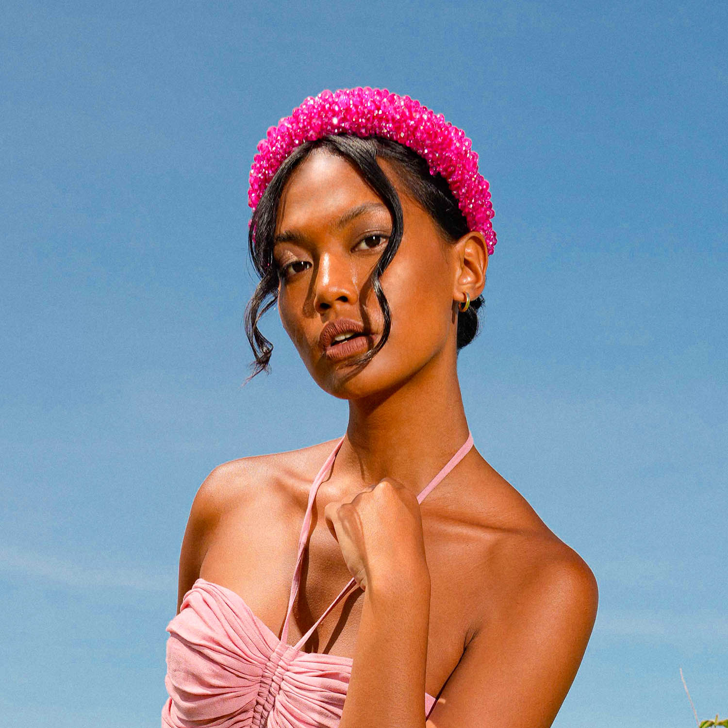 CROWN Glass Crystal Beads Headband In Shocking Pink - Mayu’s Marketplace