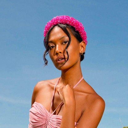 CROWN Glass Crystal Beads Headband In Shocking Pink - Mayu’s Marketplace