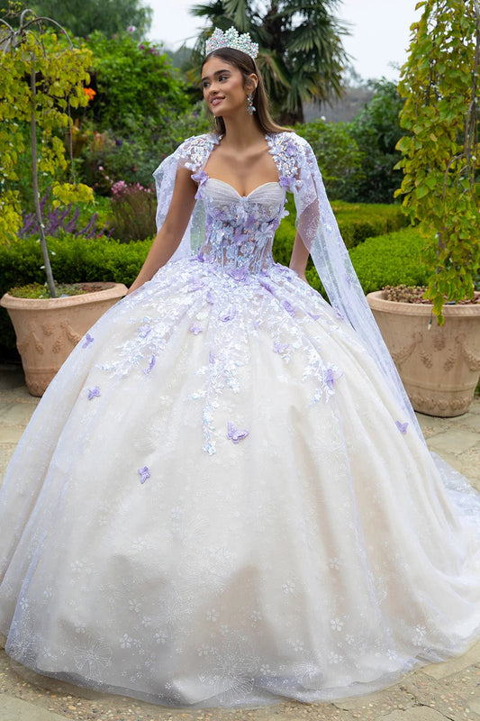 Floral Glitter Pattern 3-D Butterfly Applique Mesh Quinceanera Dress w/ Detachable Mesh Cape