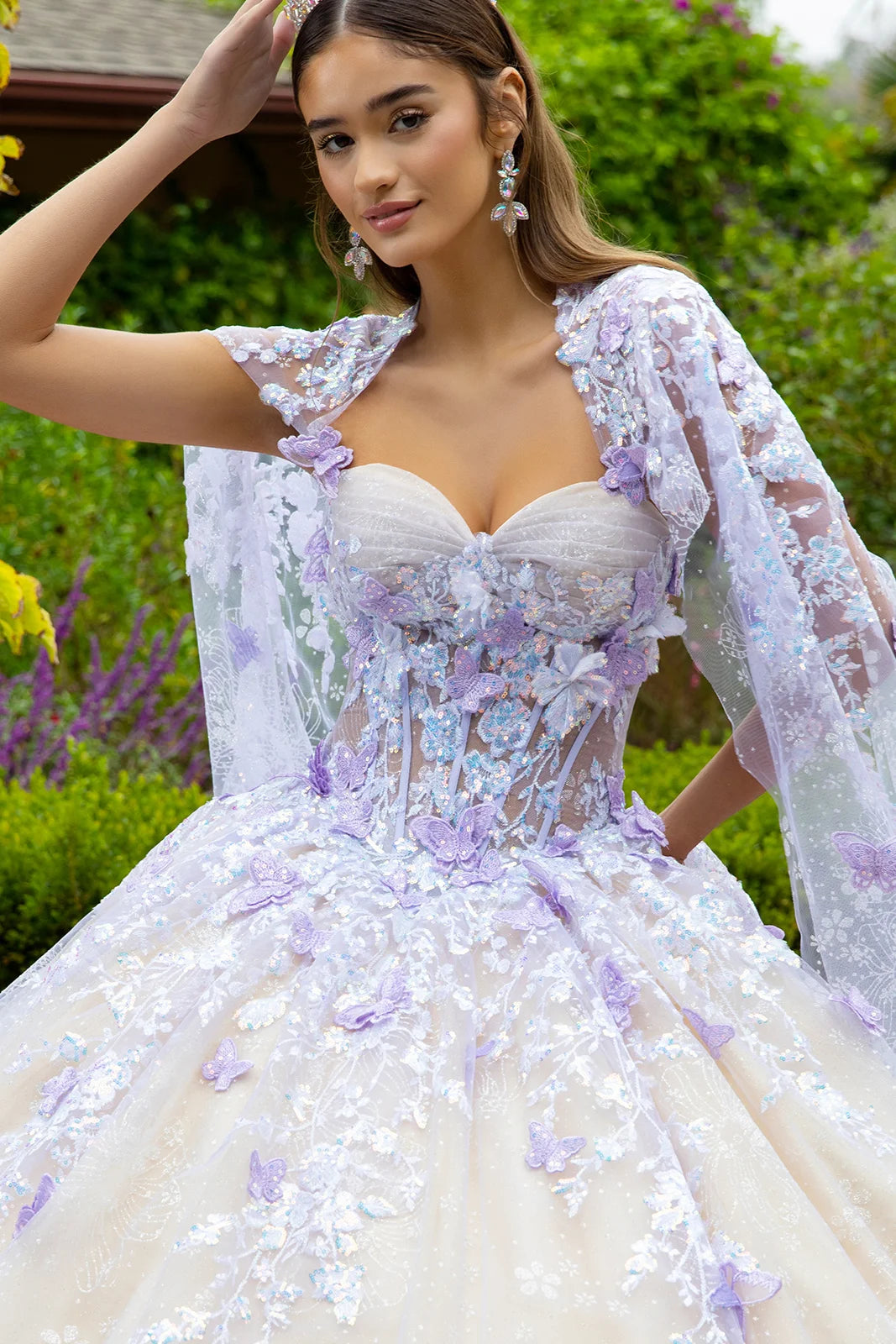 Floral Glitter Pattern 3-D Butterfly Applique Mesh Quinceanera Dress w/ Detachable Mesh Cape