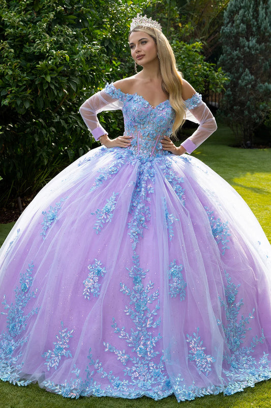 3D Floral Applique Embellished Cut-Away Shoulder Quinceanera Dress w/ Long Mesh Sleeve