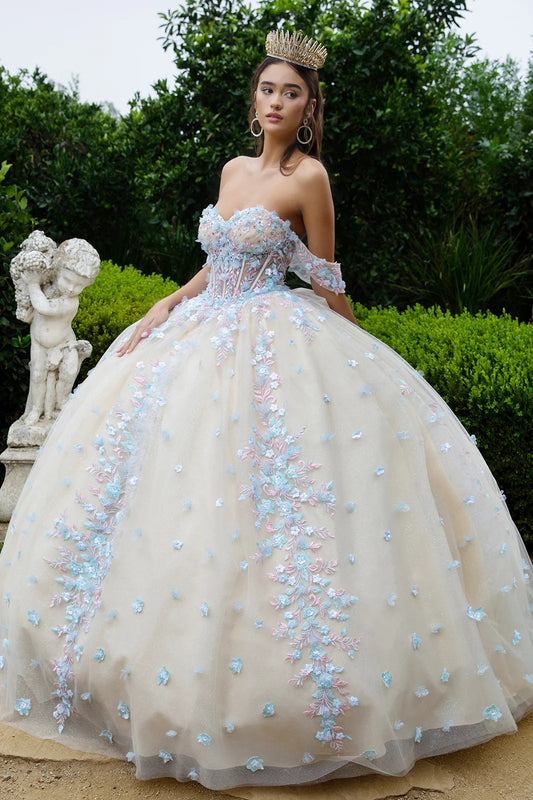 Beads Embellished Glitter Print Sweetheart Quinceanera Dress w/ detachable puff sleeve
