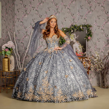 Metallic 3-D Butterfly Big Ribbon Mesh Ball Gown w/ Waist Drape