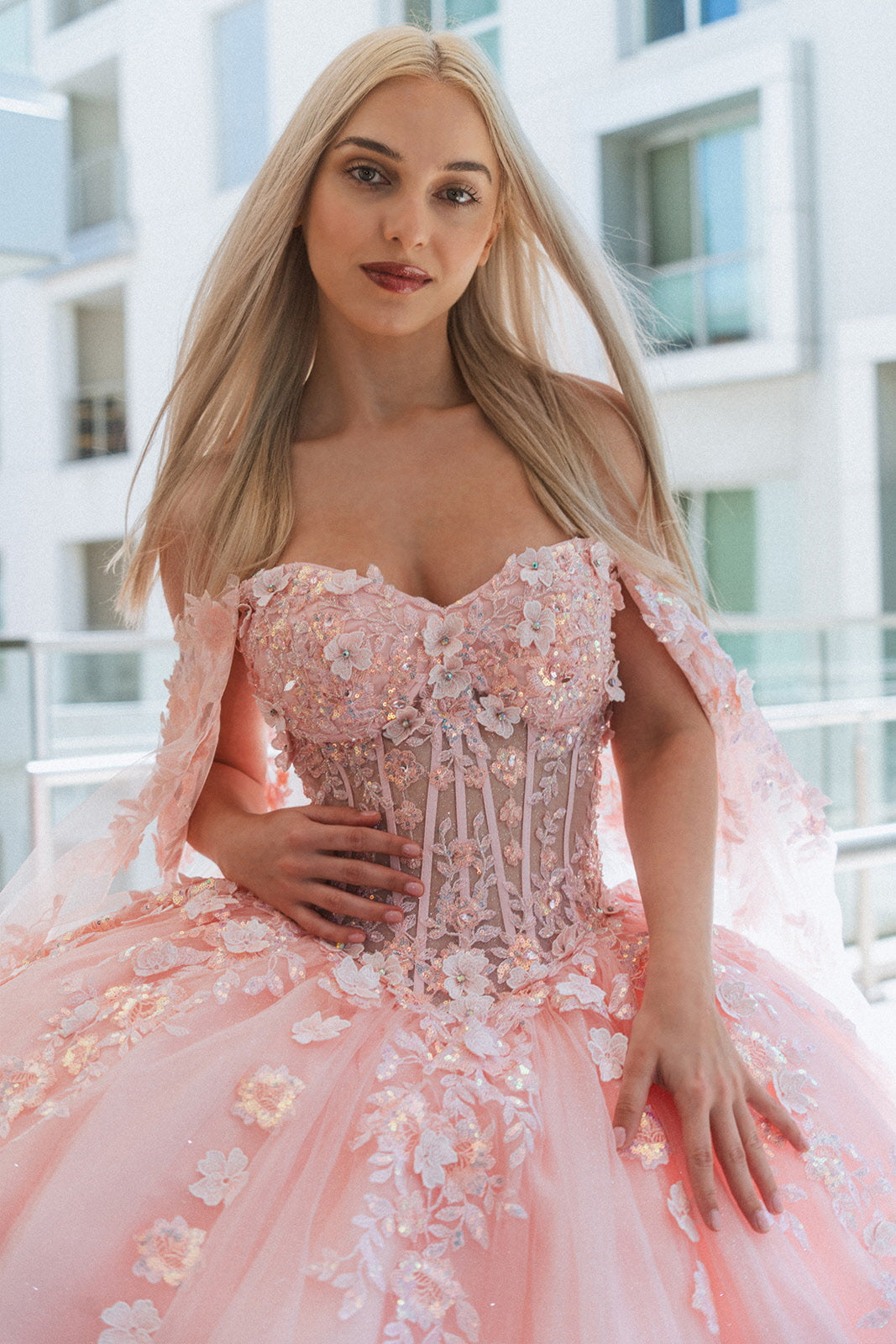 3-D Flower Sheer Bodice Mesh Ball Gown w/ Side Mesh Long Drapes
